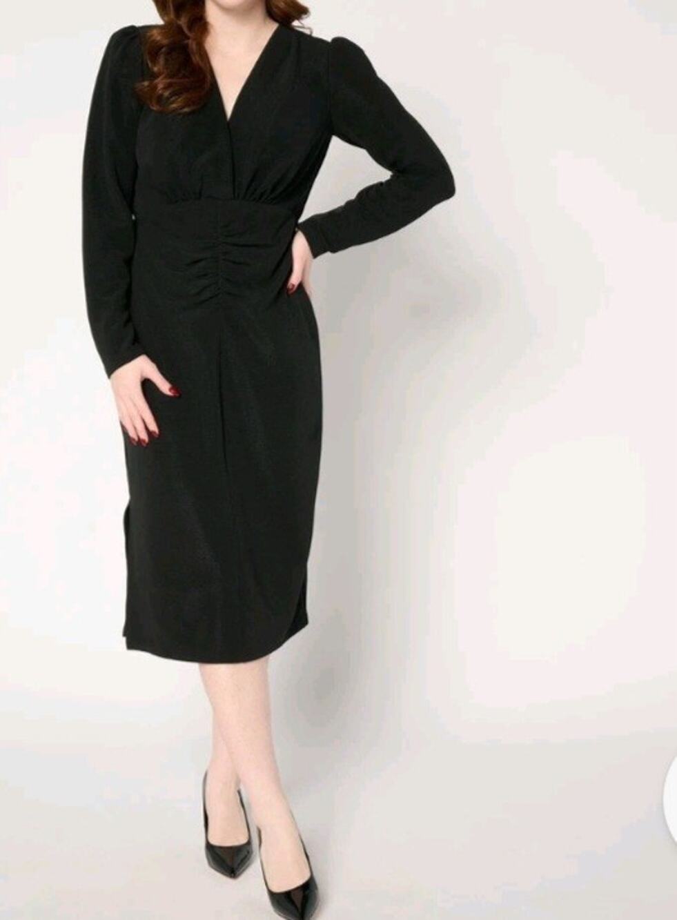 Dennis Basso XS Black Foil Print Italia Knit Dress With Ruching A667618 NWOT